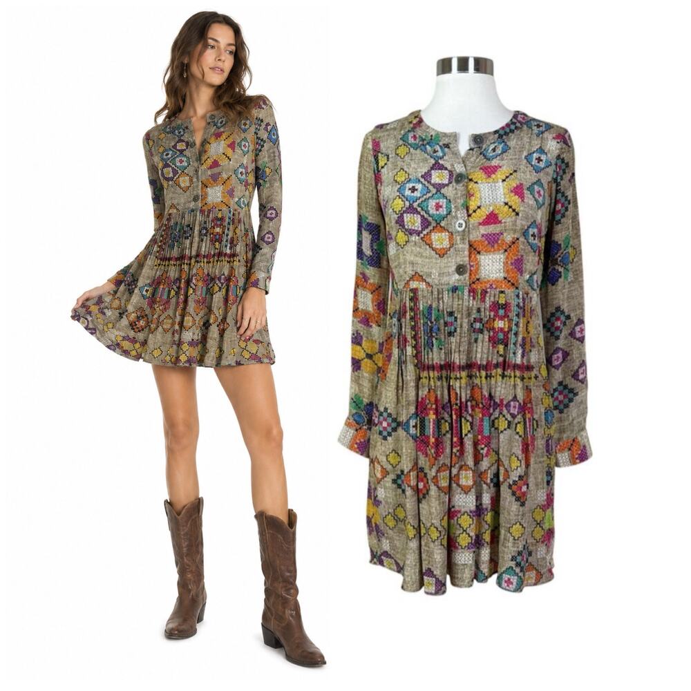 Anthropologie | Silk Hemant & Nandita Pintucked Prima Geometric Print Mini Dress